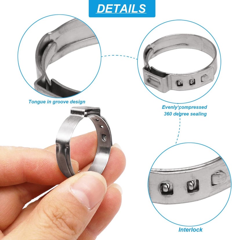 PEROMI 520 Pcs PEX Cinch clamps Ring, 20 Sizes 1/4-1 Inch Stainless Steel Single Ear Stepless Hose Clamps Assortment Kit for Water Pipe, Plumbing and Automotive Use - Image 4